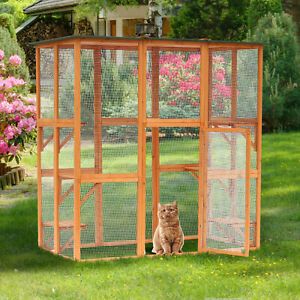 Large Catio Enclosure Shelter Cage w/ Weather Protection, 6 Cat Platforms Grey