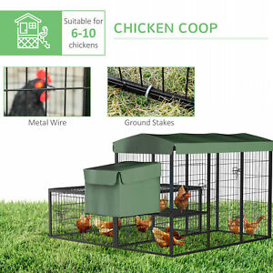 Metal Chicken Coop, Outdoor Poultry Cage, w/ Run, Nesting Box, Canopy, Green