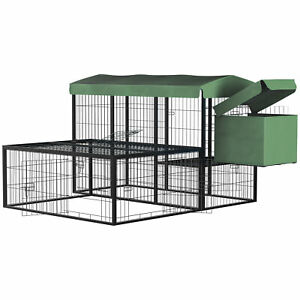 Metal Chicken Coop, Outdoor Poultry Cage, w/ Run, Nesting Box, Canopy, Green