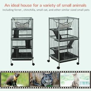 Rolling Small Animal Cage Pet Play House w/ Platform Ramp Removable Tray