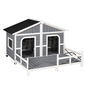 Wooden Large Dog House, Perfect for the Porch or Deck, 59" L, Grey