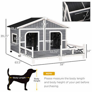 Wooden Large Dog House, Perfect for the Porch or Deck, 59" L, Grey