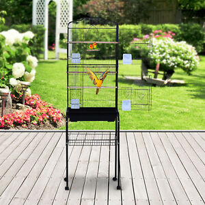 60" Large Rolling Bird Cage Metal Finch House Perch Swing Black