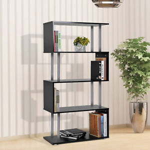 Wooden S Shape Storage Display Unit Bookcase Bookshelf Room Divider Black