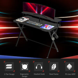 55”Gaming Computer Desk Writing Table Headset Hook Curved Front Adjustable Feet