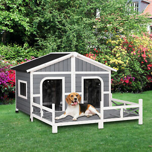 Wooden Large Dog House, Perfect for the Porch or Deck, 59" L, Grey