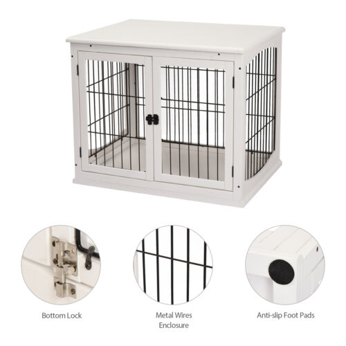 26&apos;&apos; Wooden Dog Cage Pet Crate Tabletop Metal Wire Small Animal, White