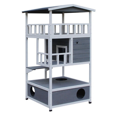 Feral Cat House, Kitten Condo Shelter w/ Raised Base &amp; Asphalt Roof, Grey 842525142885