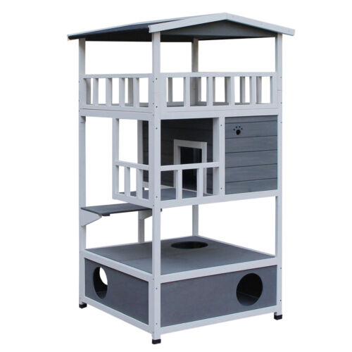 Feral Cat House, Kitten Condo Shelter w/ Raised Base &amp; Asphalt Roof, Grey 842525142885