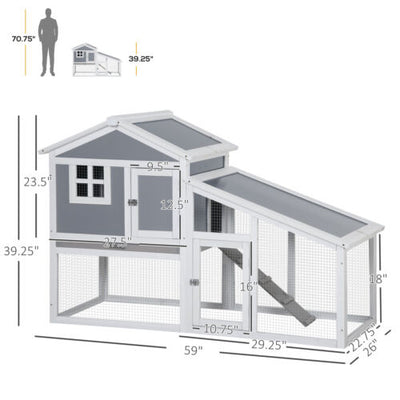 59&quot; Wooden Rabbit Hutch Playpen Bunny House with Sunlight Roof Ramp Tray Grey