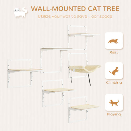 6PCs Modern Steel Cat Wall Shelves with Jumping Platform and Hammock, Cream