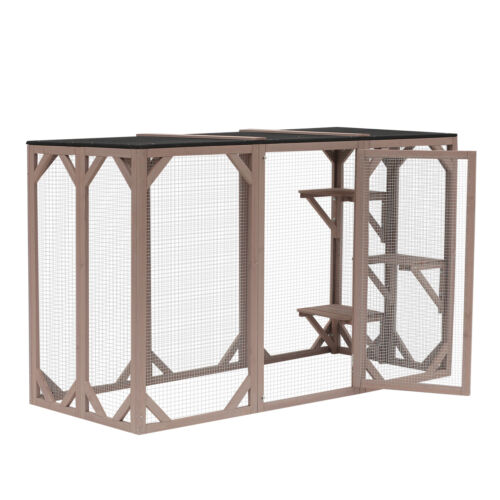 Cat Cage Wooden Pet Enclosure with Waterproof Roof, Platforms, Lock, Brown