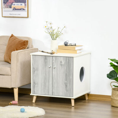 Wooden Cat Mess-free Litter Box, Wide Enclosure End Table w/ 2 Magnetic Doors 196393066744