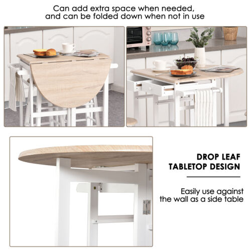 HOMCOM 3PCS Kitchen Trolley Island Set with Wheels 2 Barstool Chairs Drop Leaf
