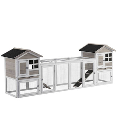 102&quot; 2-in-1 Wooden Rabbit Hutch, Double Main House Pet Playpen w/Tray Ramp Grey 196393159293