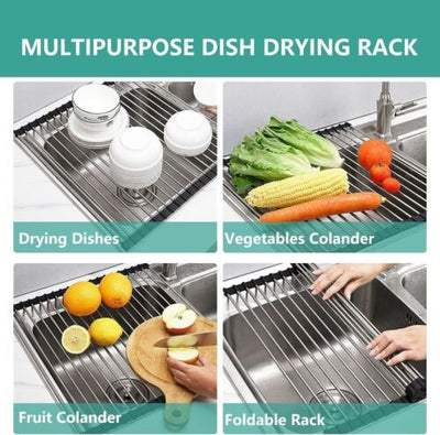 Kitchen Stainless Steel Sink Drain Rack Roll Up Dish Food Drying Drainer Mat