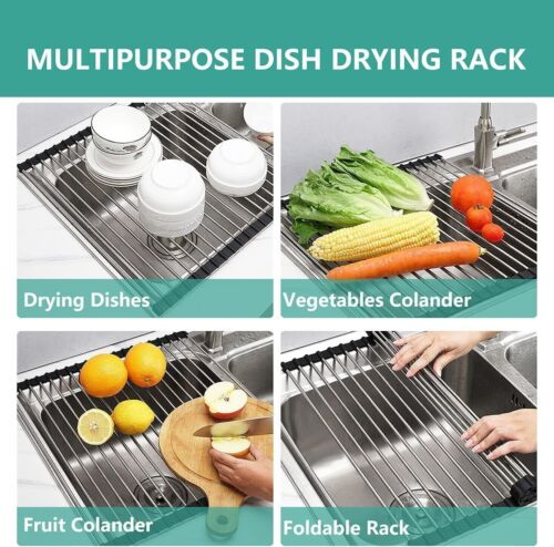 Kitchen Stainless Steel Sink Drain Rack Roll Up Dish Food Drying Drainer Mat