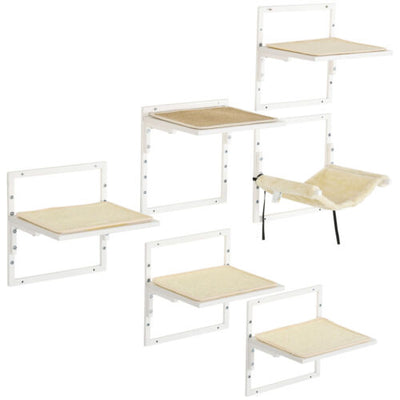6PCs Modern Steel Cat Wall Shelves with Jumping Platform and Hammock, Cream