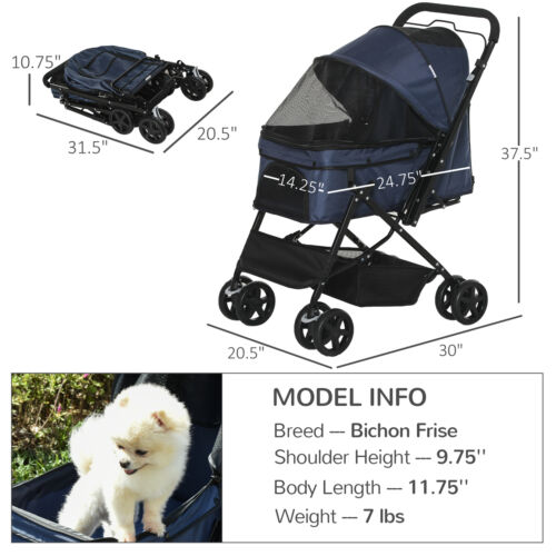 Pet Stroller Foldable Travel Dog Cat Carriage w/ Reversible Handle Brake Basket