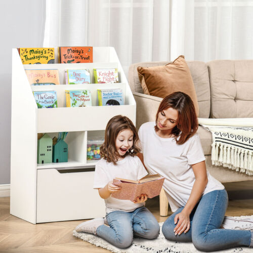 Kids Storage Bookcase Stand w/ Display Shelves &amp; Drawer for Toys &amp; Books, White
