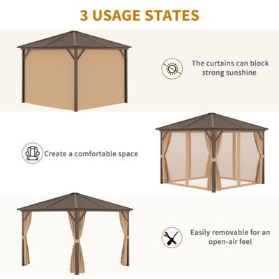 10&apos; x 10&apos; Steel Hardtop Gazebo with Nettings and Curtains Hook Aluminum Frame