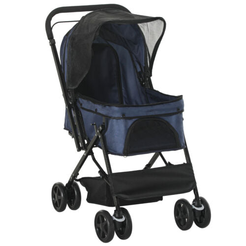 Pet Stroller Foldable Travel Dog Cat Carriage w/ Reversible Handle Brake Basket