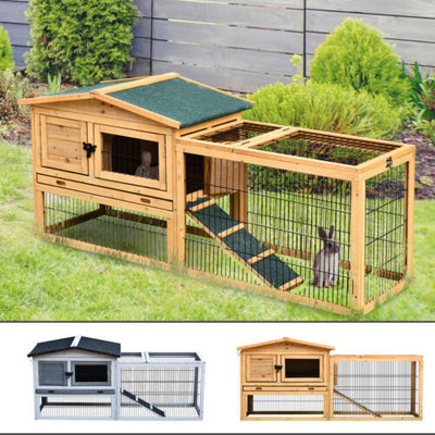 Outdoor Fir Wood Rabbit Hutch Bunny Cage Run w/ 2 Levels, Patio &amp; Pull Out Tray