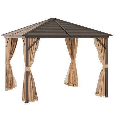 10&apos; x 10&apos; Steel Hardtop Gazebo with Nettings and Curtains Hook Aluminum Frame