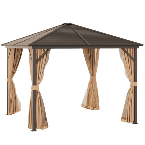 10&apos; x 10&apos; Steel Hardtop Gazebo with Nettings and Curtains Hook Aluminum Frame