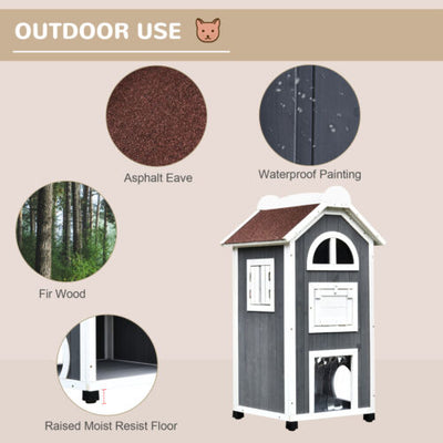 Solid Wood Cat Condo Furniture 2-Floor Pet Shelter, Grey and White, 43&quot; H 842525144469