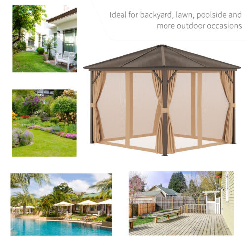 10&apos; x 10&apos; Steel Hardtop Gazebo with Nettings and Curtains Hook Aluminum Frame
