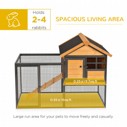 Outdoor Rabbit Cage Elevated Pet House w/ Slide-Out Tray, Natural Wood &amp; Black 842525165365