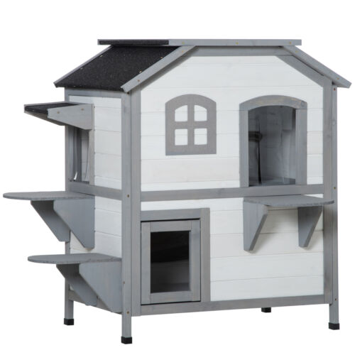 Wooden 2-Story Indoor or Outdoor Cat House W/ Escape Door, Cat Shelter, White 196393161340