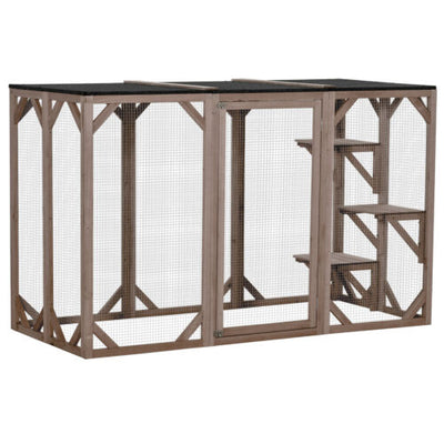 Cat Cage Wooden Pet Enclosure with Waterproof Roof, Platforms, Lock, Brown