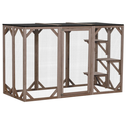 Cat Cage Wooden Pet Enclosure with Waterproof Roof, Platforms, Lock, Brown