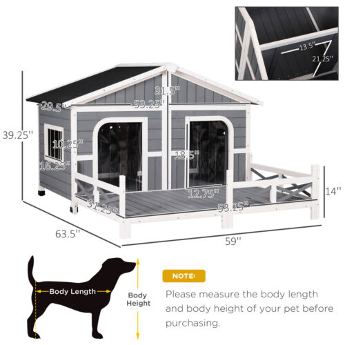 Wooden Large Dog House, Perfect for the Porch or Deck, 59&quot; L, Grey 842525145374