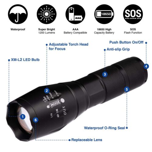Torch Handheld Super Bright LED Rechargeable 2000LM Flashlight With 5 Modes