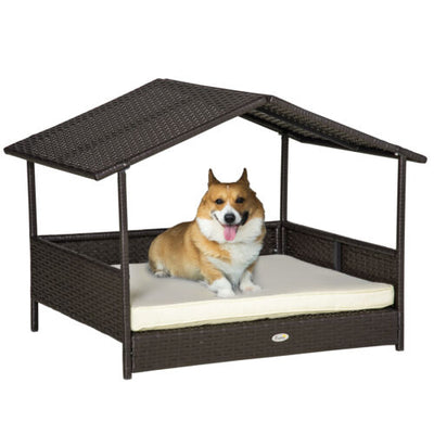 Elevated Wicker Dog House, Raised Rattan Pet Bed Cabana w/ Cushion, Canopy White 842525148276