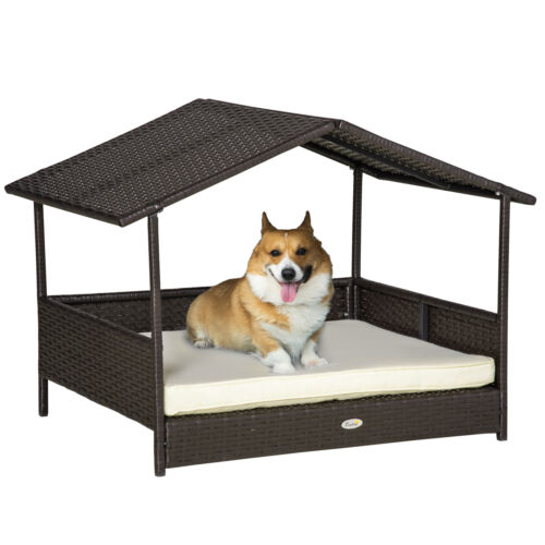 Elevated Wicker Dog House, Raised Rattan Pet Bed Cabana w/ Cushion, Canopy White 842525148276