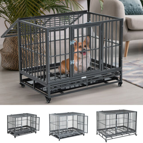 Heavy Duty Dog Pet Crate Kennel Cage Playpen Metal W/ Tray Castor