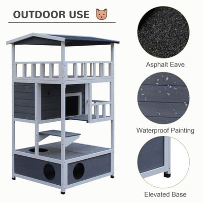 Feral Cat House, Kitten Condo Shelter w/ Raised Base &amp; Asphalt Roof, Grey 842525142885