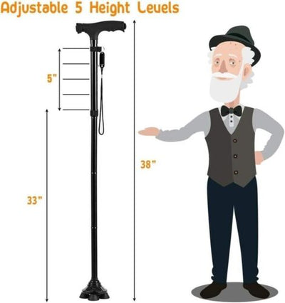 LED Walking Stick Cane Safety All Terrain Pivoting Base Folding For Camping CA