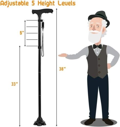 LED Walking Stick Cane Safety All Terrain Pivoting Base Folding For Camping CA