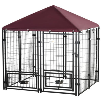 4.6&apos; x4.6&apos; x5&apos; Indoor/Outdoor Metal Dog Kennel House w/ 2 Food Bowls &amp; Lock 196393159187