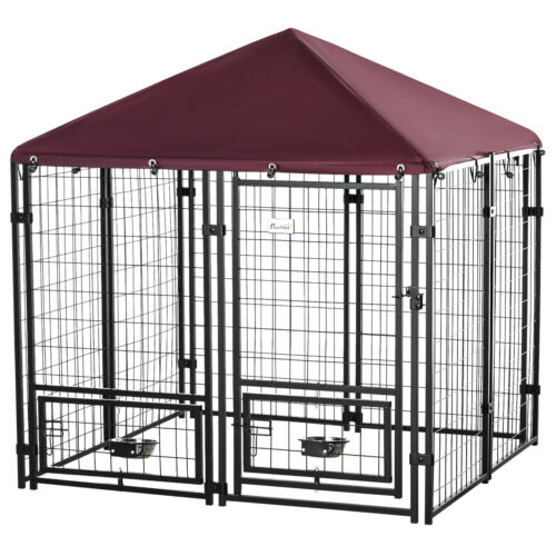 4.6&apos; x4.6&apos; x5&apos; Indoor/Outdoor Metal Dog Kennel House w/ 2 Food Bowls &amp; Lock 196393159187