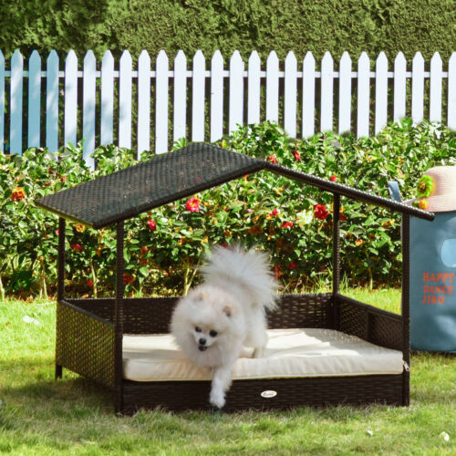 Elevated Wicker Dog House, Raised Rattan Pet Bed Cabana w/ Cushion, Canopy White 842525148276