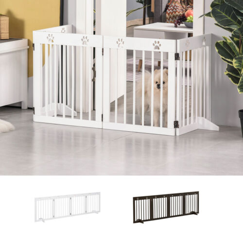 Freestanding Pet Gate w/ Two-Way Hinges Short Paw Printed Wooden Dog Gate