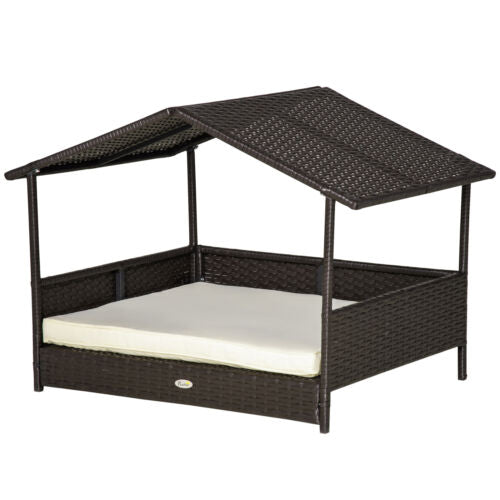 Elevated Wicker Dog House, Raised Rattan Pet Bed Cabana w/ Cushion, Canopy White 842525148276