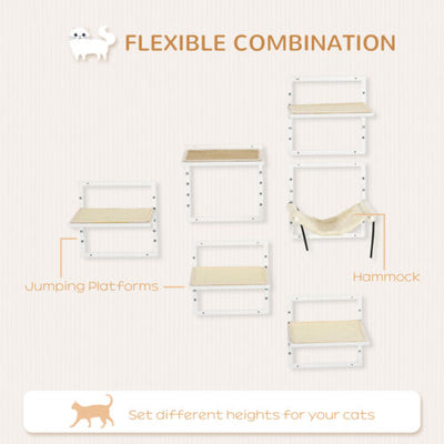 6PCs Modern Steel Cat Wall Shelves with Jumping Platform and Hammock, Cream