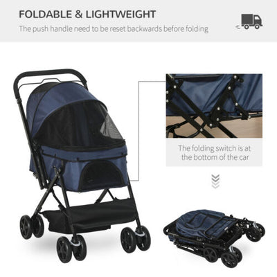 Pet Stroller Foldable Travel Dog Cat Carriage w/ Reversible Handle Brake Basket